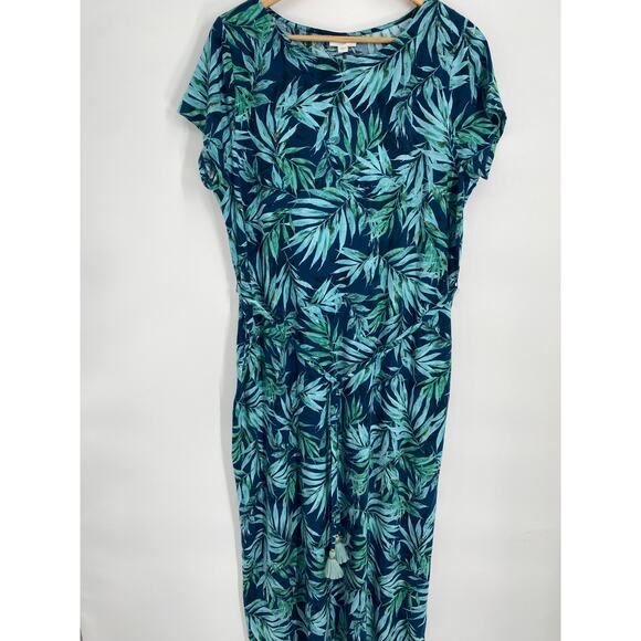 J. Jill Maxi Dress Women’s Large Coastal Tropical Leaves Vacation Resortwear - Picture 2 of 10